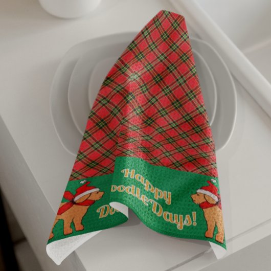 Geplaid Doodle Yellow Dog Gepersonaliseerde Kerst Theedoek