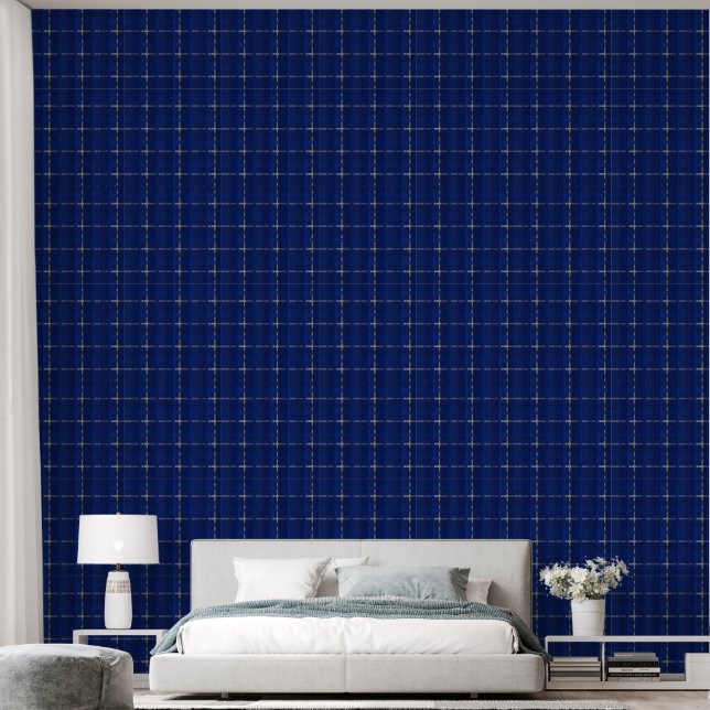 Geplaid in blauw op blauw, goud en zilver behang (Slaapkamer)