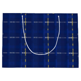 Geplaid in blauw op blauw, goud en zilver groot cadeauzakje