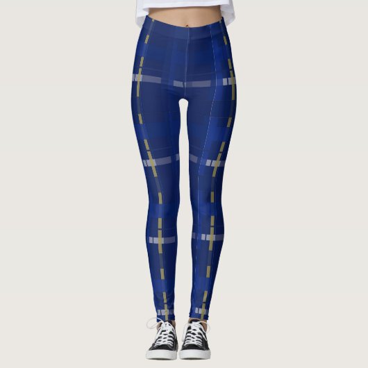 Geplaid in blauw op blauw, goud en zilver leggings (Voorkant)