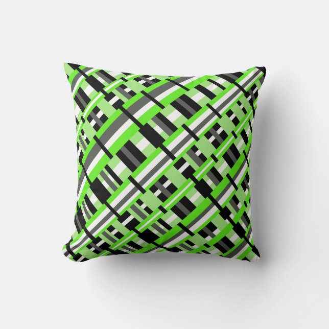 Geplakt in Lime Green, Black & Grey Diagonal Kussen (Voorkant)