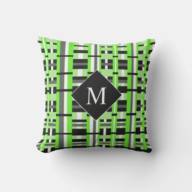 Geplakt in Lime Green, Black & Grey Monogram Buitenkussen (Voorkant)