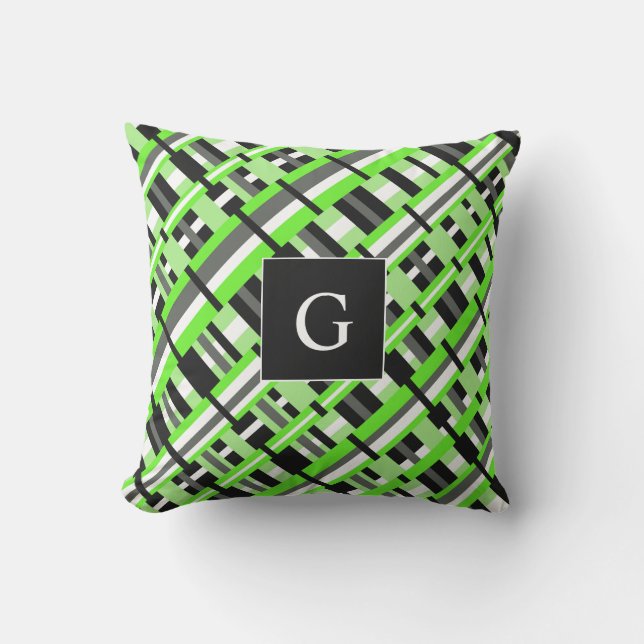 Geplakt in Lime Green, Black & Grey Monogram Buitenkussen (Voorkant)