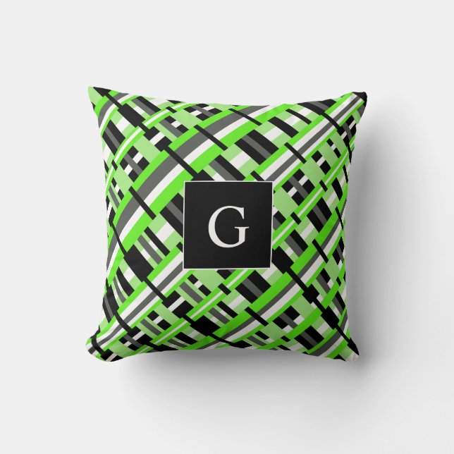 Geplakt in Lime Green, Black & Grey Monogram Kussen (Voorkant)