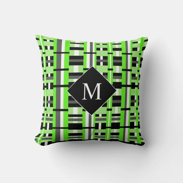 Geplakt in Lime Green, Black & Grey Monogram Kussen (Voorkant)