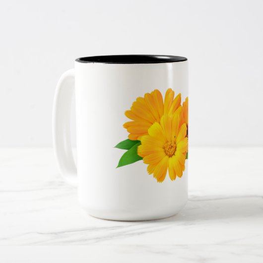 Geplande calendula bloemen tweekleurige koffiemok (Voorkant links)