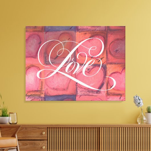 Geplorste kalligrafie-liefdeshart roze canvas afdruk (Insitu (Woonkamer))