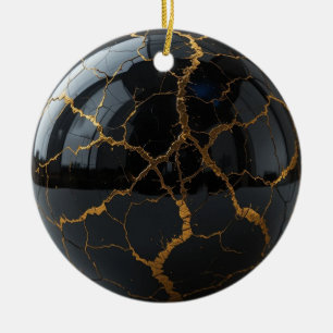 Gepolijste Obsidiaan Bol met aderen van gesmolten  Keramisch Ornament