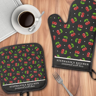 Gepolkte Kersen Zwart Persoonlijk Ovenwant & Pannenlap Set