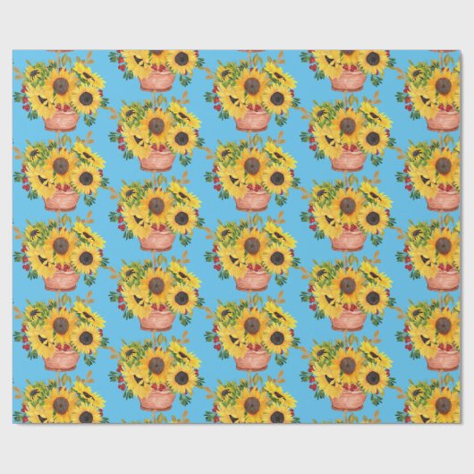 Gepootte zonnebloemen op blauw cadeaupapier (Vlak)