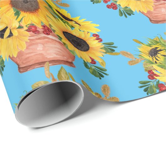 Gepootte zonnebloemen op blauw cadeaupapier (Rol Hoek)