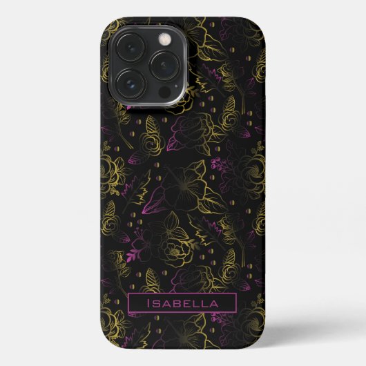 Geppersonaliseerde gouden paarse florale patroon iPhone hoesje (Achterkant)