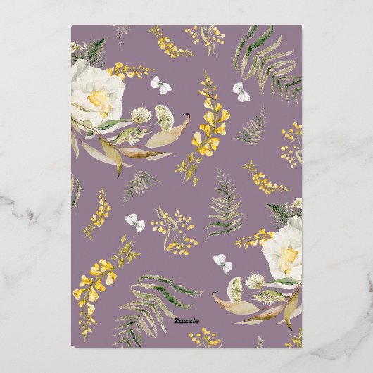 Geprecteerde gouden Boho Micro Wildflower Wreath W Folie Uitnodiging (Achterkant)