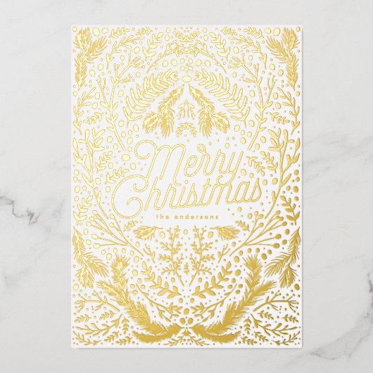 Geprecuurde goudolie en kerst met kerst folie feestdagenkaart (Voorkant)