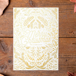 Geprecuurde goudolie en kerst met kerst folie feestdagenkaart