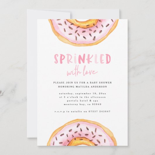 Geprinkst met liefdesdonut baby shower aankondiging (Voorkant)