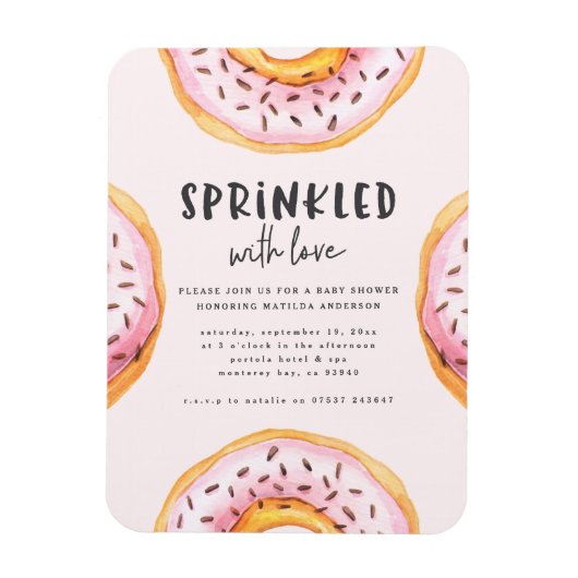 Geprinkst met liefdesdonut baby shower magneet (Verticaal)