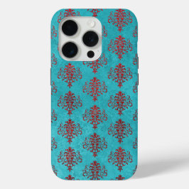 Geptextureerde Rode Damask op Blauwgroen Patroon iPhone 15 Pro Case