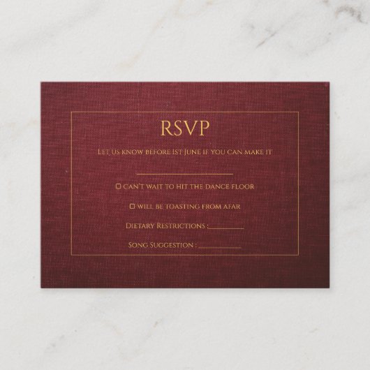 Geptextureerde RSVP-kaart met Bourgogne & Gold Wed Informatiekaartje (Voorkant)