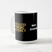 Geradicaliseerd door Basic Decency Vrouwen Grappig Koffiemok (Voorkant links)
