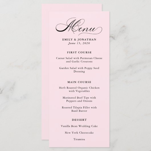 geraffineerd | Kalligrafie op Blush Pink Menu (Voorkant / Achterkant)