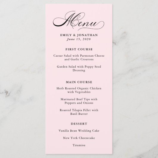 geraffineerd | Kalligrafie op Blush Pink Menu (Voorkant)