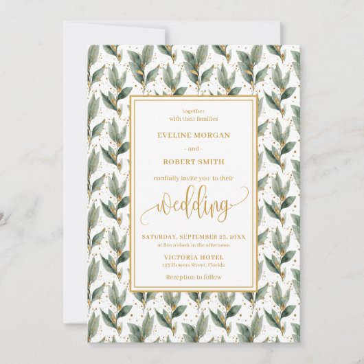 Geraffineerde salie groen goud eucalyptus bruiloft kaart (Voorkant)