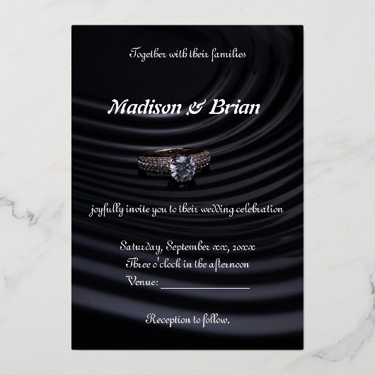 Geraffineerde stijl: Black & Grey bruiloft uitnodi Folie Uitnodiging (Voorkant)