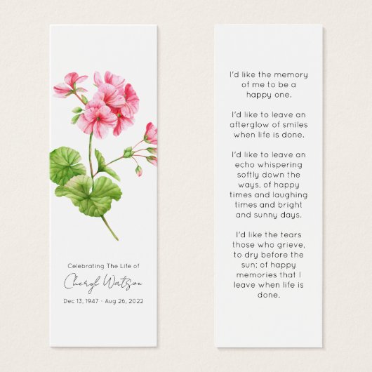 Geranium | Eenvoudige rouwherdenking mini-boeklegg Mini Visitekaartjes (Voorkant /achterkant)
