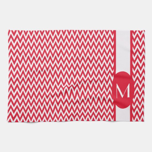 Geranium Elegant Chevron Design met monogram Theedoek (Horizontaal)