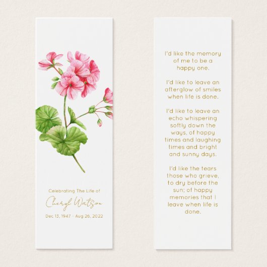 Geranium | Simple Funeral Memorial Mini Bookmark Visitekaartjes (Voorkant /achterkant)