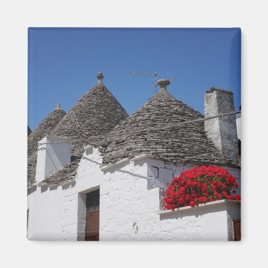 Geraniumbloemen en boomgaarden in Alberobello Magneet (Voorkant)