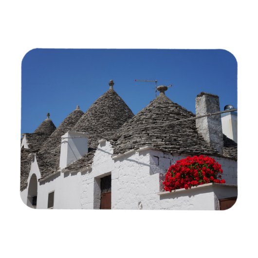 Geraniumbloemen en boomgaarden in Alberobello Magneet (Horizontaal)