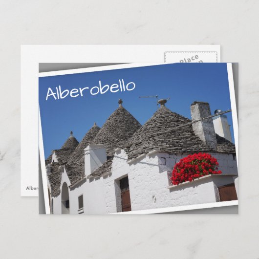 Geraniumbloemen en driehoekshuizen in Alberobello Briefkaart (Voorkant / Achterkant)