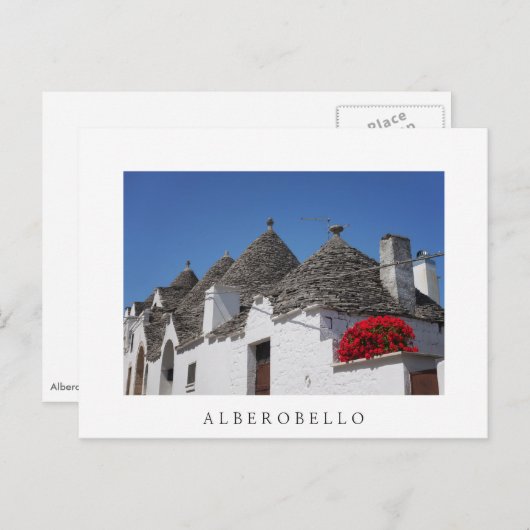 Geraniumbloemen en driehoekshuizen in Alberobello Briefkaart (Voorkant / Achterkant)