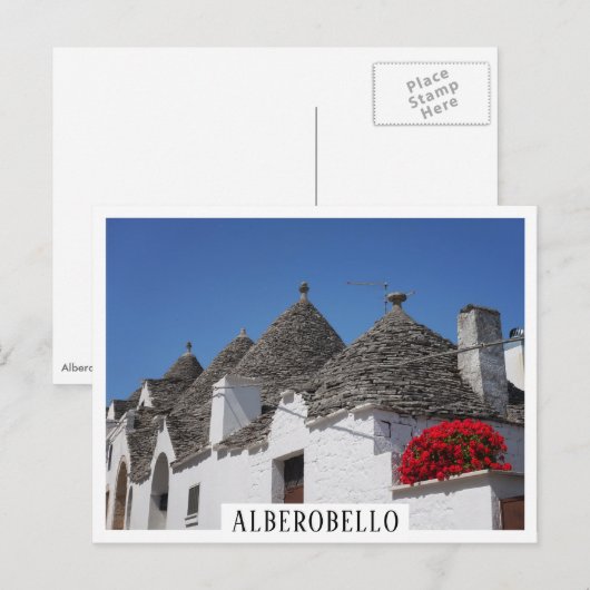 Geraniumbloemen en driehoekshuizen in Alberobello Briefkaart (Voorkant / Achterkant)