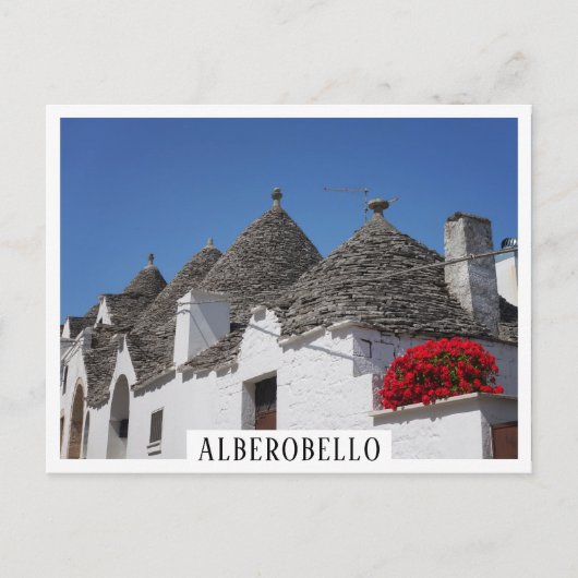 Geraniumbloemen en driehoekshuizen in Alberobello Briefkaart (Voorkant)