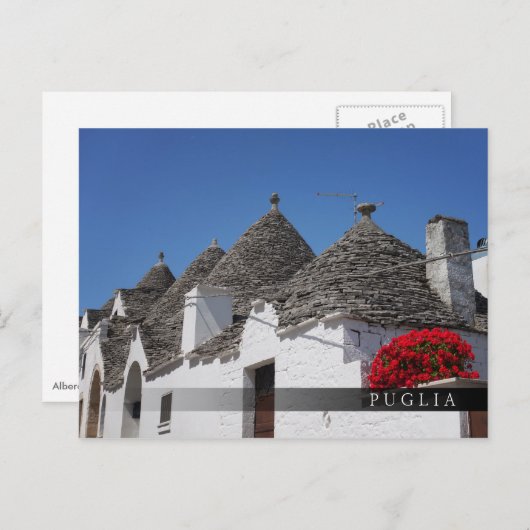 Geraniumbloemen en driehoekshuizen in Alberobello Briefkaart (Voorkant / Achterkant)