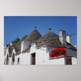 Geraniumbloemen en driehoekshuizen in Alberobello Poster