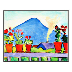 Geraniums before Blue Mountain, kleurrijk schilder Foto Afdruk