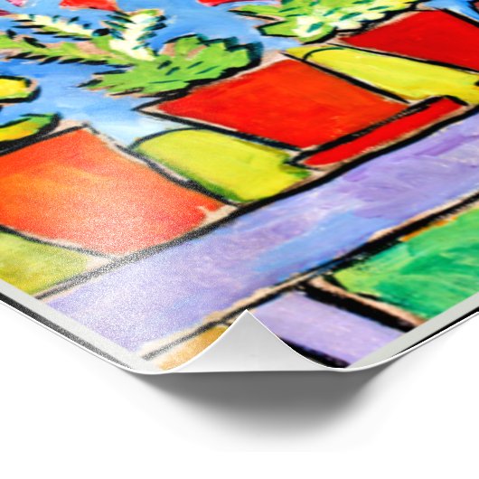 Geraniums before Blue Mountain, kleurrijk schilder Foto Afdruk (Hoek)