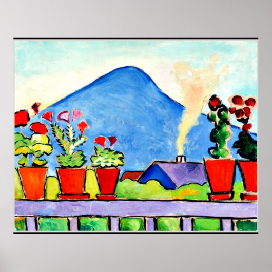 Geraniums before Blue Mountain, kleurrijk schilder Poster (Voorkant)