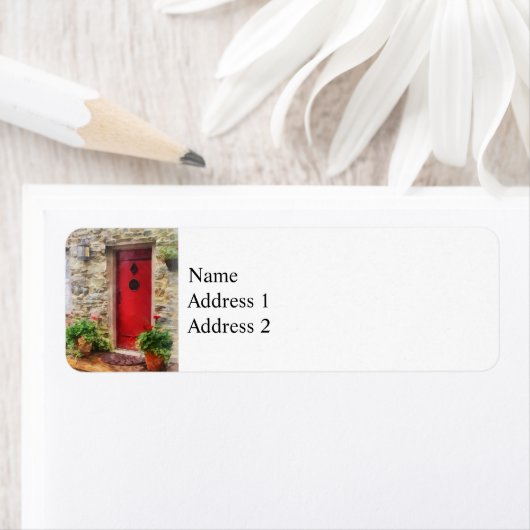 Geraniums door de rode deur etiket (Insitu)