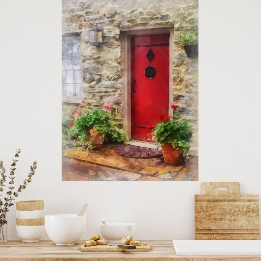 Geraniums door de rode deur poster (Keuken)