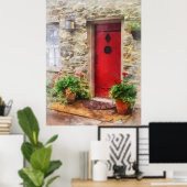 Geraniums door de rode deur poster (Thuiskantoor)