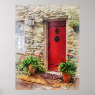 Geraniums door de rode deur poster