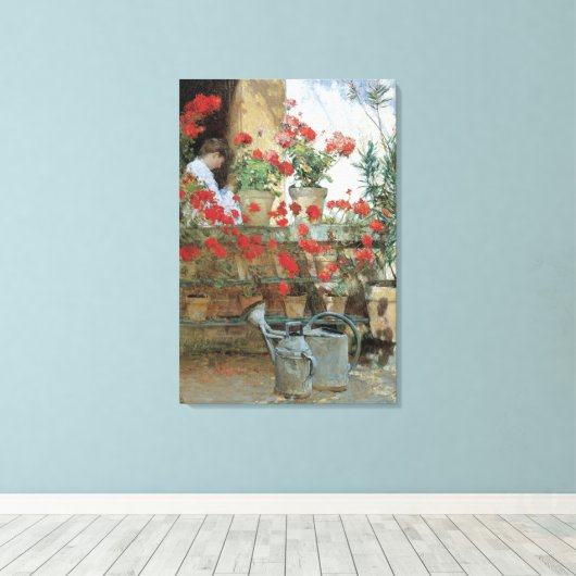 Geraniums van Childe Hassam, impressionisme Canvas Afdruk (Insitu (Houten vloer))