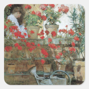 Geraniums van Childe Hassam,  impressionisme Vierkante Sticker