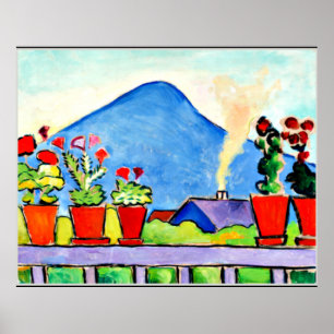 Geraniums voor Blue Mountain, kleurrijk schilderij Poster