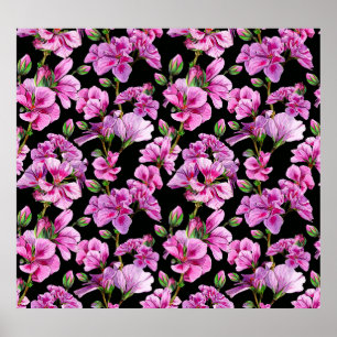 Geraniumtakken, waterverf roze knoppen. poster